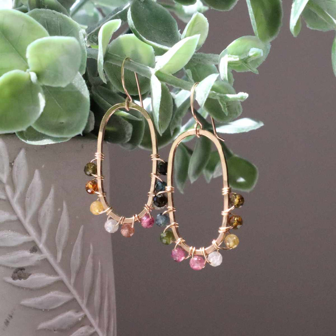 Balance earrings in sterling silver or 14k gold filled with wire wrapped tourmaline gemstones