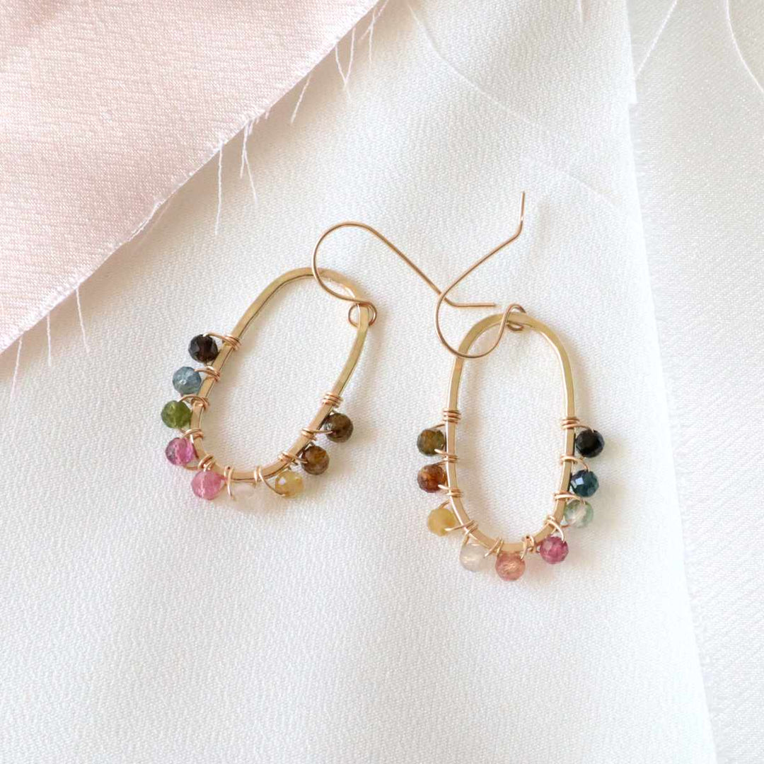 Balance earrings in sterling silver or 14k gold filled with wire wrapped tourmaline gemstones