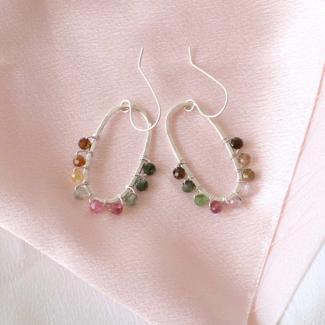 Balance earrings in sterling silver or 14k gold filled with wire wrapped tourmaline gemstones