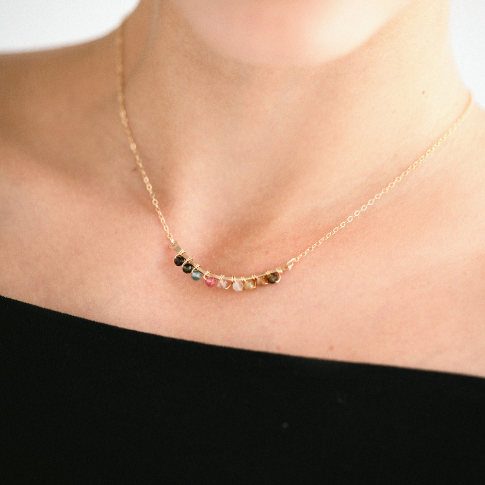 Balance necklace in sterling silver or 14k gold filled with wire wrapped tourmaline gemstones