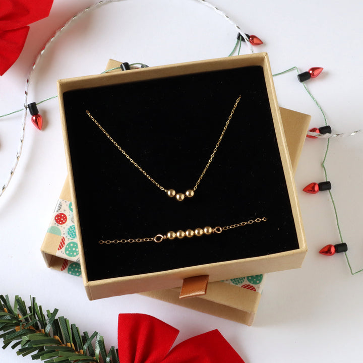 beaded jewelry gift set with necklace and bracelet in sterling silver or 14k gold filled in holiday gift box