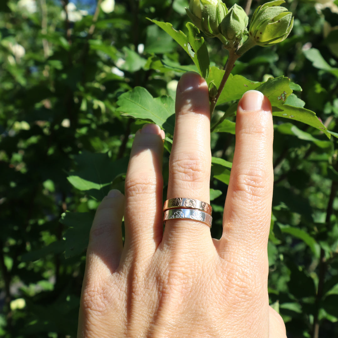 blossom ring band with hand stamped floral design in sterling silver or 14k gold filled