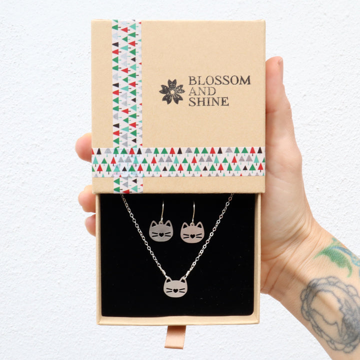 cat jewelry gift set with necklace and earrings in sterling silver or 14k gold filled in holiday gift box