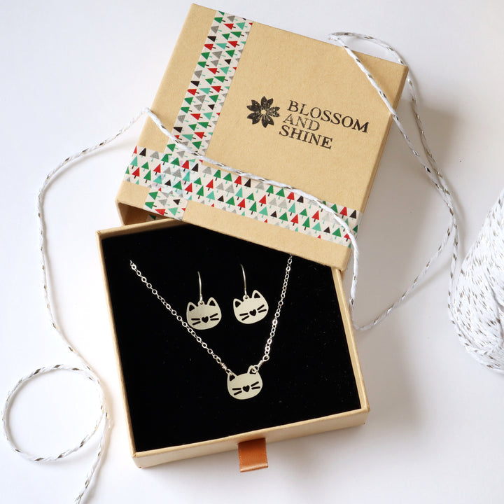 cat jewelry gift set with necklace and earrings in sterling silver or 14k gold filled in holiday gift box