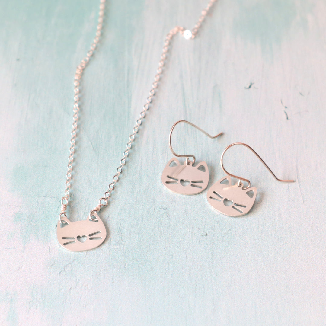 cat jewelry gift set with necklace and earrings in sterling silver or 14k gold filled in holiday gift box