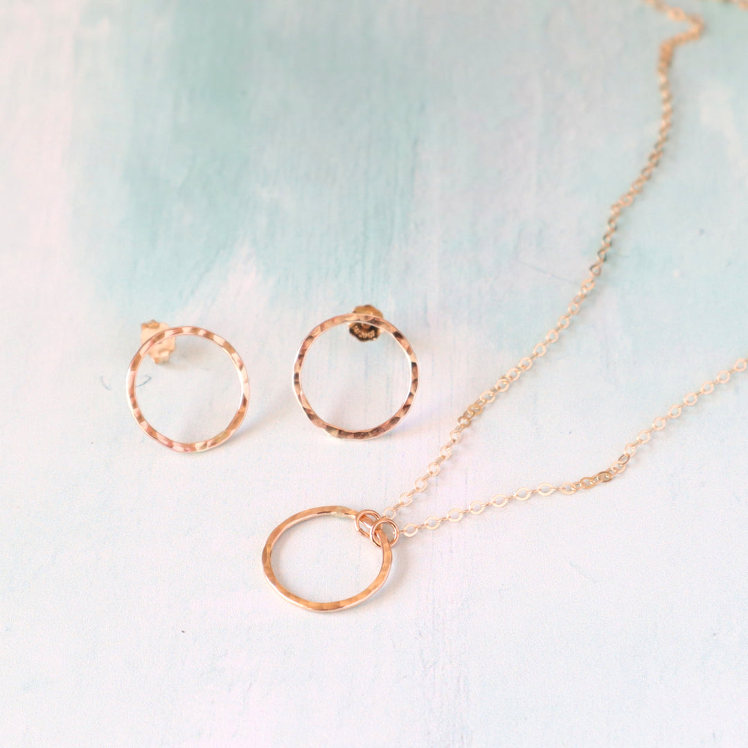 circle jewelry gift set with necklace bracelet or earrings in sterling silver or 14k gold filled with holiday gift box