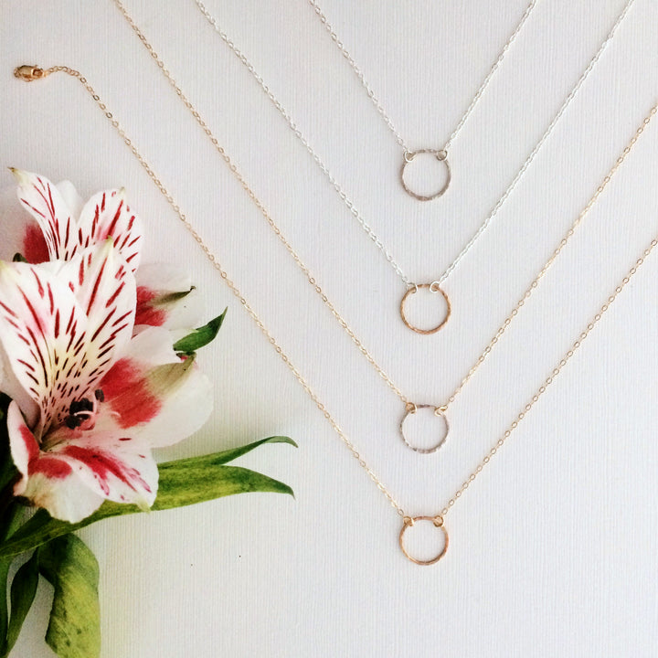 Dainty hammered circle necklace in mixed metals or sterling silver or 14k gold filled 