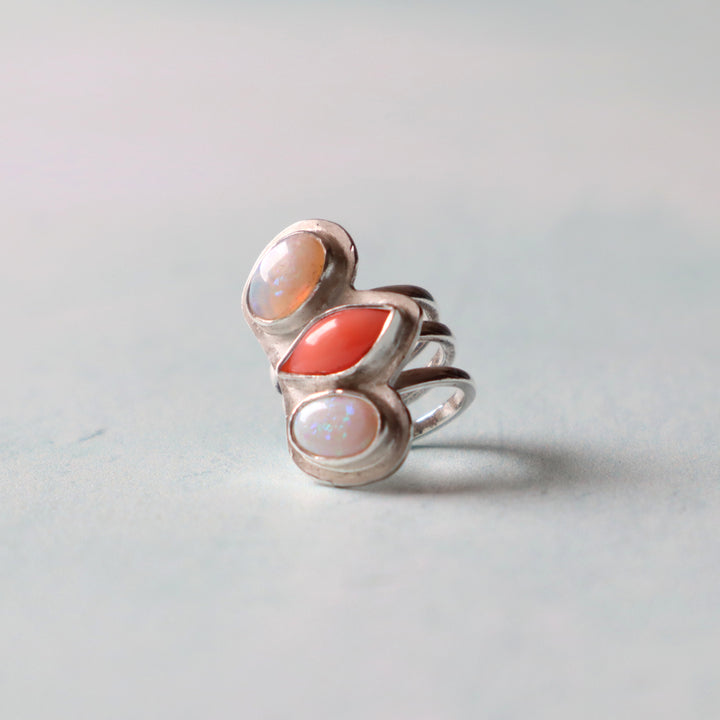 coral and opal sterling silver ear cuff