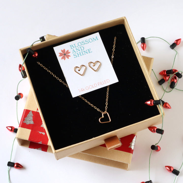 heart jewelry gift set necklace and earrings in sterling silver or 14k gold filled in holiday gift box