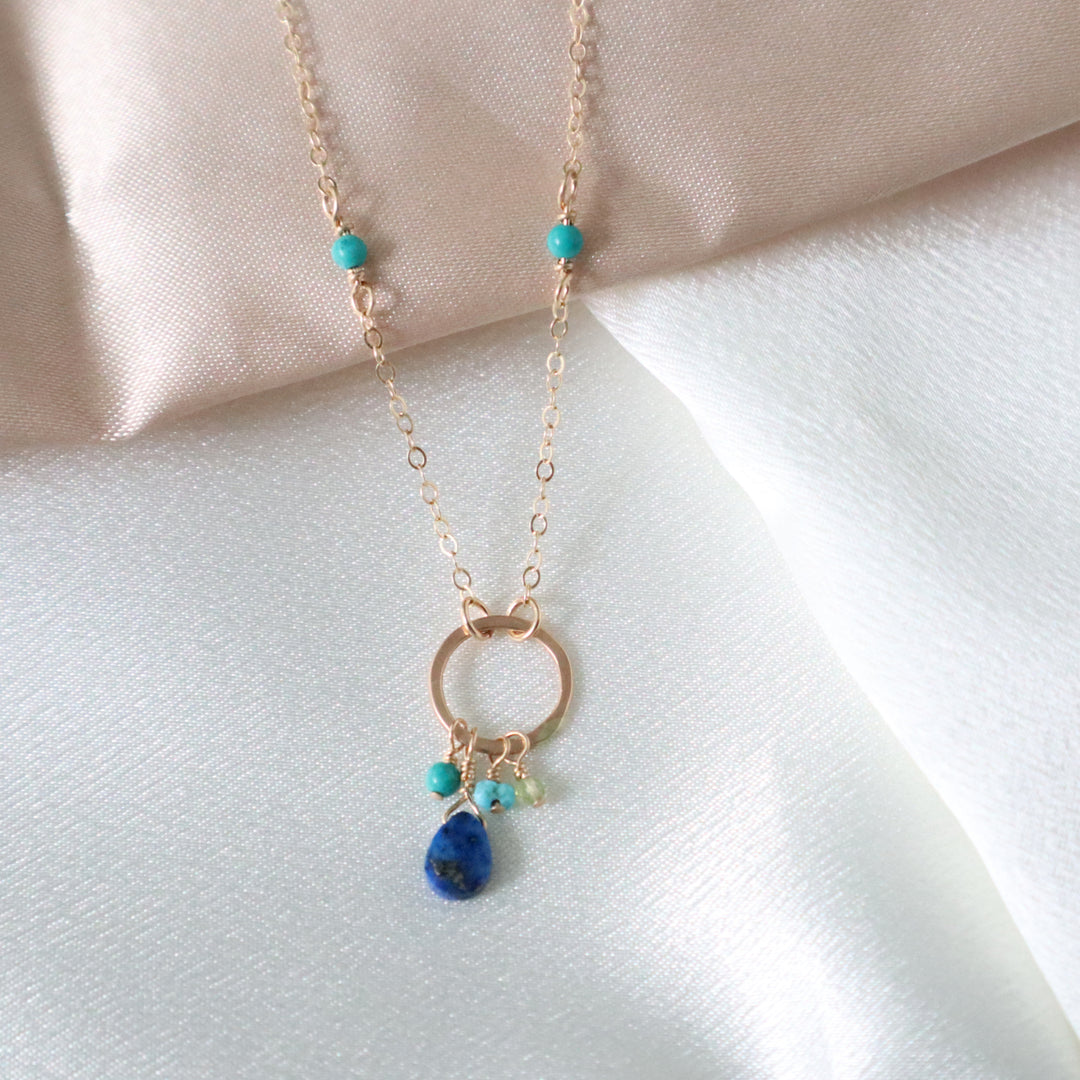 salt water necklace with lapis, turquoise and peridot gemstones in sterling silver or 14k gold filled