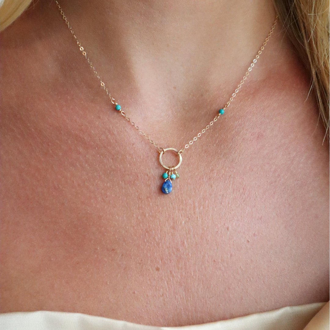 salt water necklace with lapis, turquoise and peridot gemstones in sterling silver or 14k gold filled