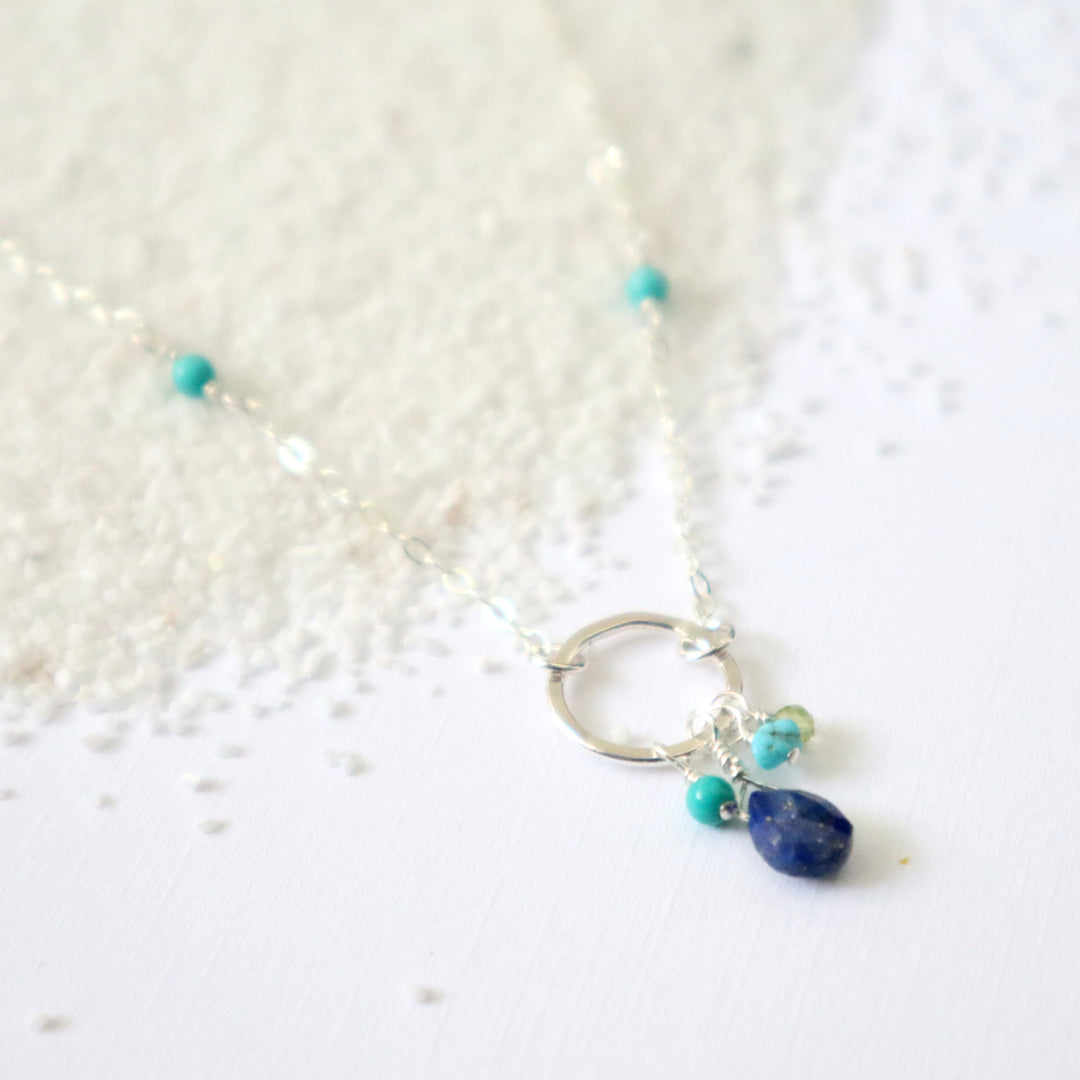 salt water necklace with lapis, turquoise and peridot gemstones in sterling silver or 14k gold filled