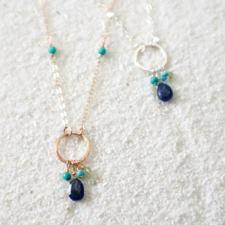 salt water necklace with lapis, turquoise and peridot gemstones in sterling silver or 14k gold filled