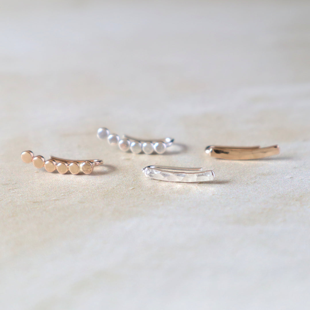 mini ear climbers in sterling silver or 14k gold filled with hammered finish or dots design for second or third  piercing