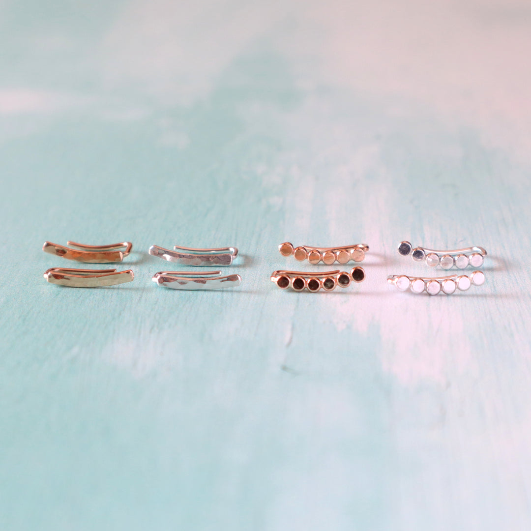 mini ear climbers in sterling silver or 14k gold filled with hammered finish or dots design for second or third  piercing