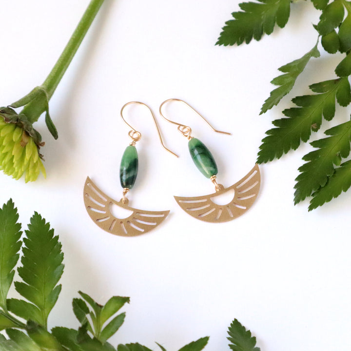 Oasis crescent sunrise earrings with jade gemstones in sterling silver or 14k gold filled