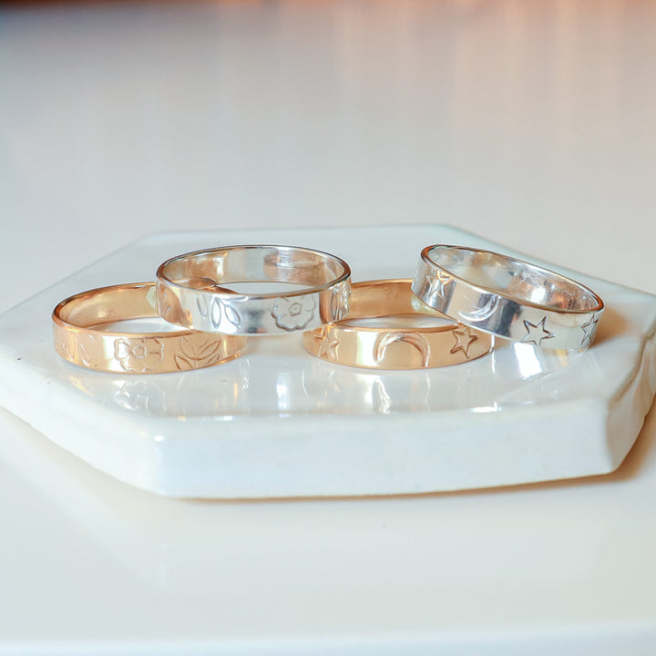 blossom and starry sky ring band with hand stamped floral design in sterling silver or 14k gold filled