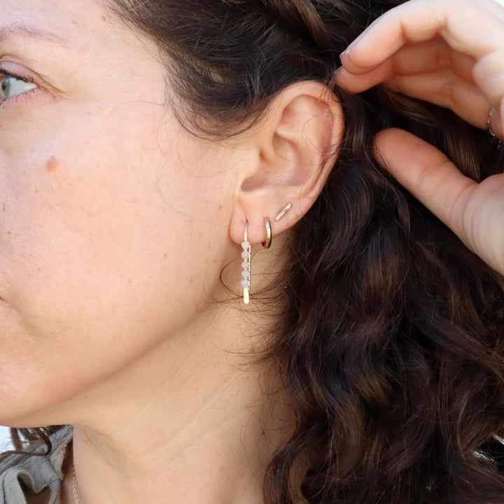 stardust earrings in sterling silver or 14k gold filled with white moonstone pink tourmaline or blue tourmaline