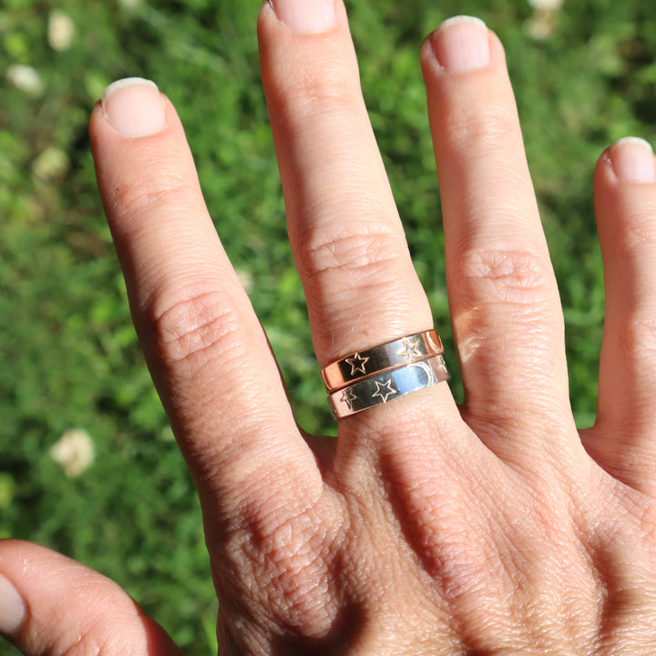 starry sky ring band featuring hand stamped stars and moons in sterling silver or 14k gold filled