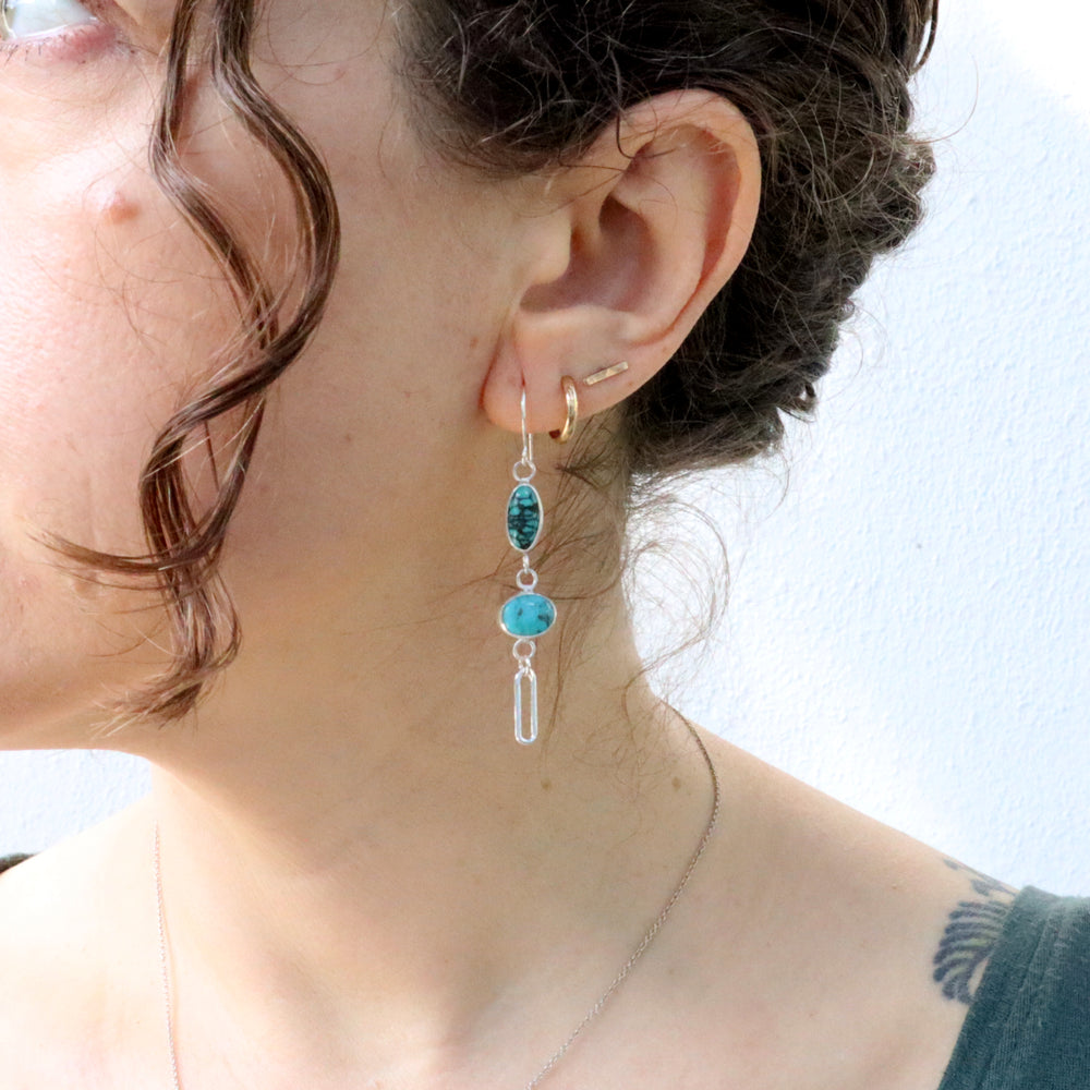 one of a kind sterling silver double turquoise earrings