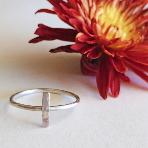 Dainty hammered bar stacking ring in sterling silver or 14k gold filled