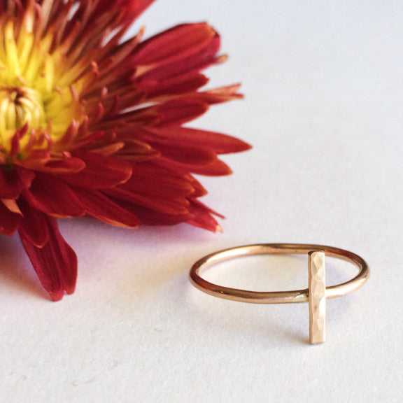 Dainty hammered bar stacking ring in sterling silver or 14k gold filled