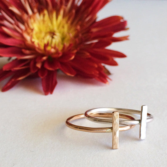 Dainty hammered bar stacking ring in sterling silver or 14k gold filled