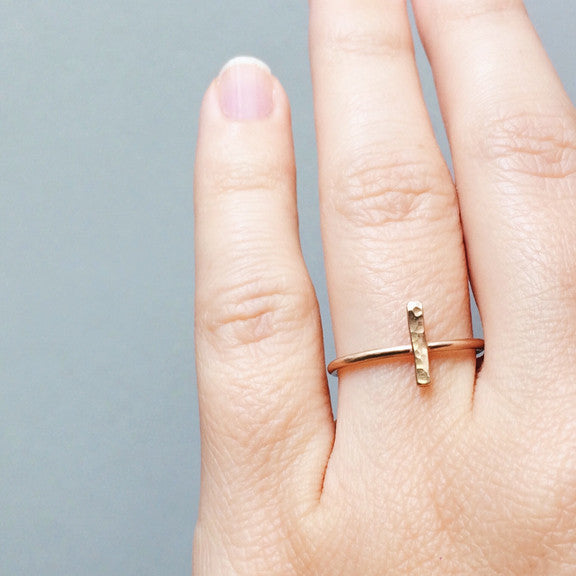 Dainty hammered bar stacking ring in sterling silver or 14k gold filled