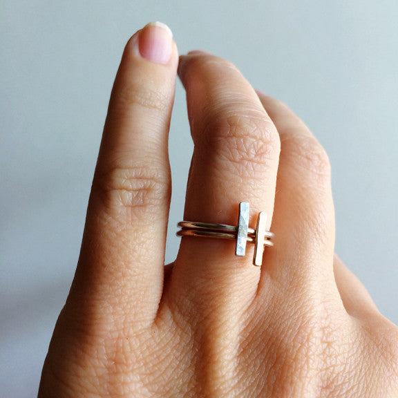 Dainty hammered bar stacking ring in sterling silver or 14k gold filled