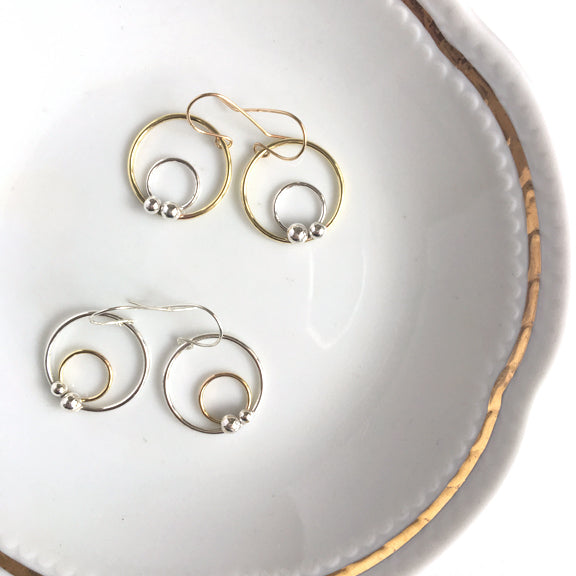 Mixed metal circle earrings in sterling silver and 14k gold filled