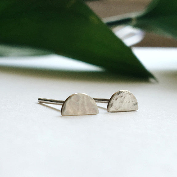 Dainty hammered half circle crescent moon stud earrings in sterling silver or 14k gold filled by Blossom and Shine