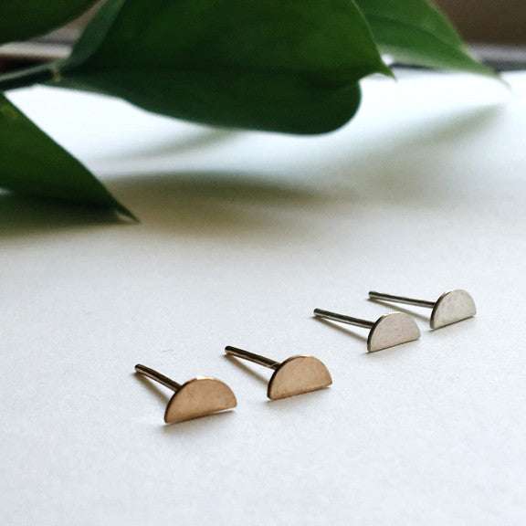 Dainty hammered half circle crescent moon stud earrings in sterling silver or 14k gold filled by Blossom and Shine