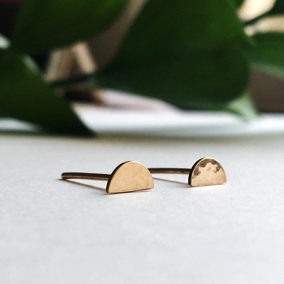 Dainty hammered half circle crescent moon stud earrings in sterling silver or 14k gold filled by Blossom and Shine