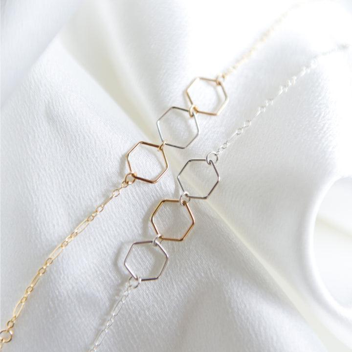 Mixed metal hexagon bracelet in sterling silver or 14k gold filled by Blossom and Shine