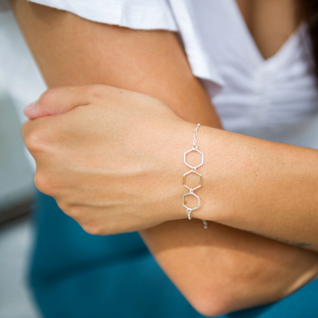 Mixed metal hexagon bracelet in sterling silver or 14k gold filled by Blossom and Shine