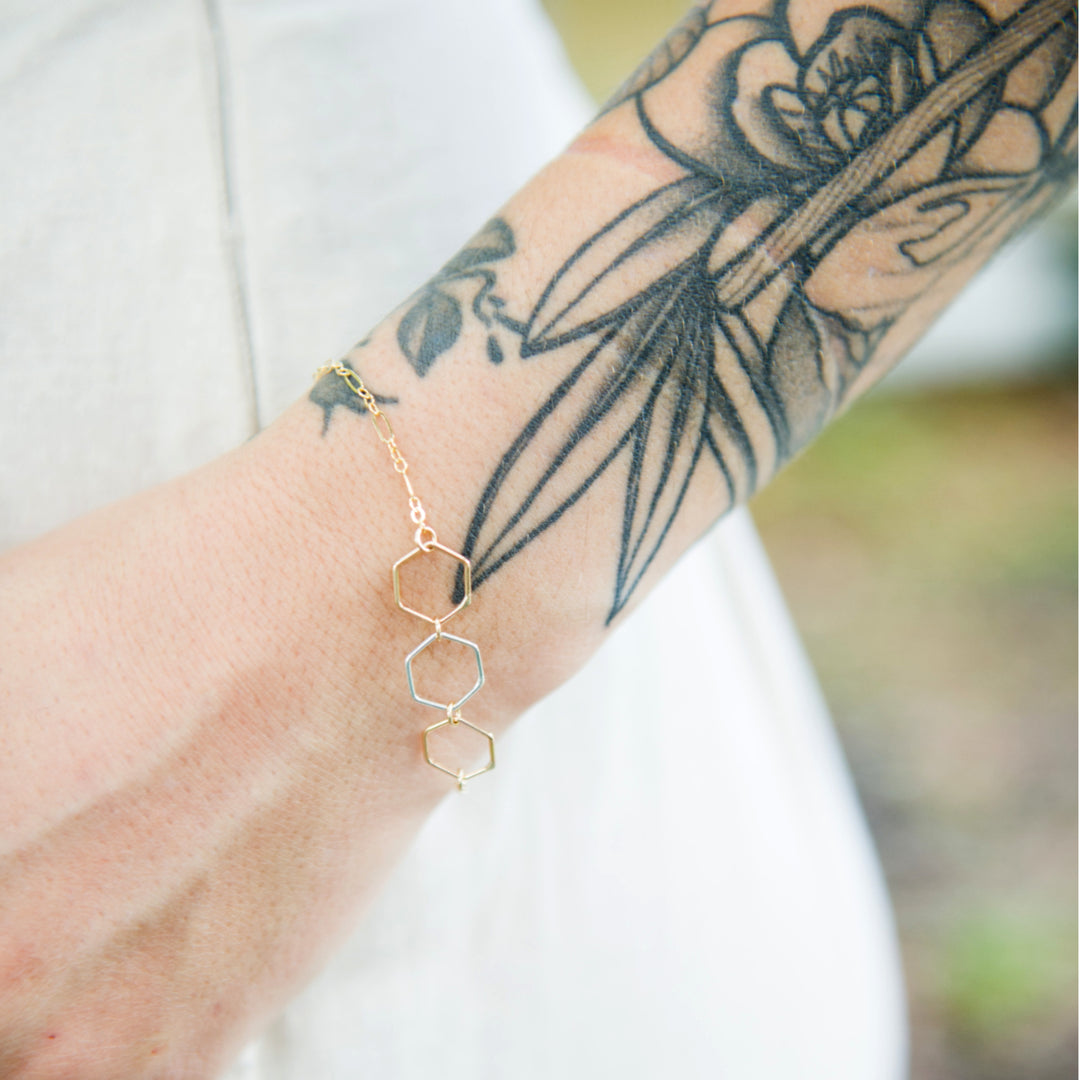 Mixed metal hexagon bracelet in sterling silver or 14k gold filled by Blossom and Shine