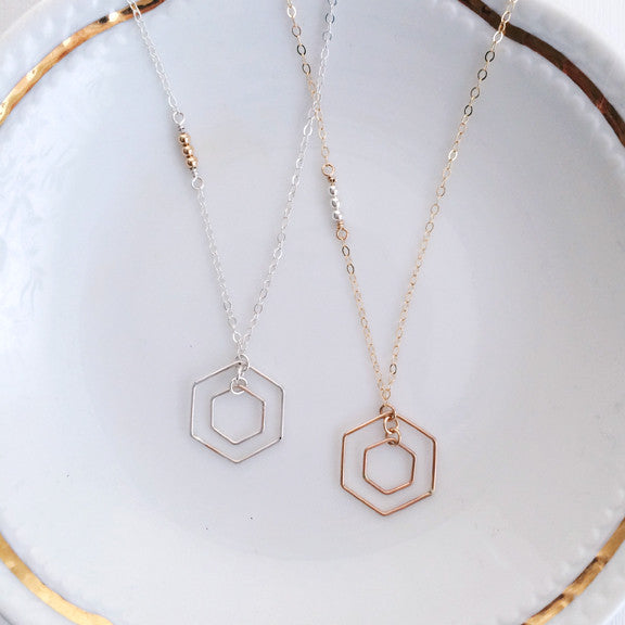 Double open geometric hexagon necklace in sterling silver or 14k gold filled mixed metals by Blossom and Shine