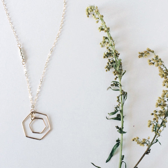 Double open geometric hexagon necklace in sterling silver or 14k gold filled mixed metals by Blossom and Shine