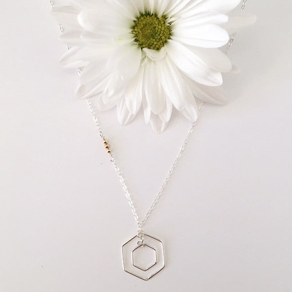 Double open geometric hexagon necklace in sterling silver or 14k gold filled mixed metals by Blossom and Shine