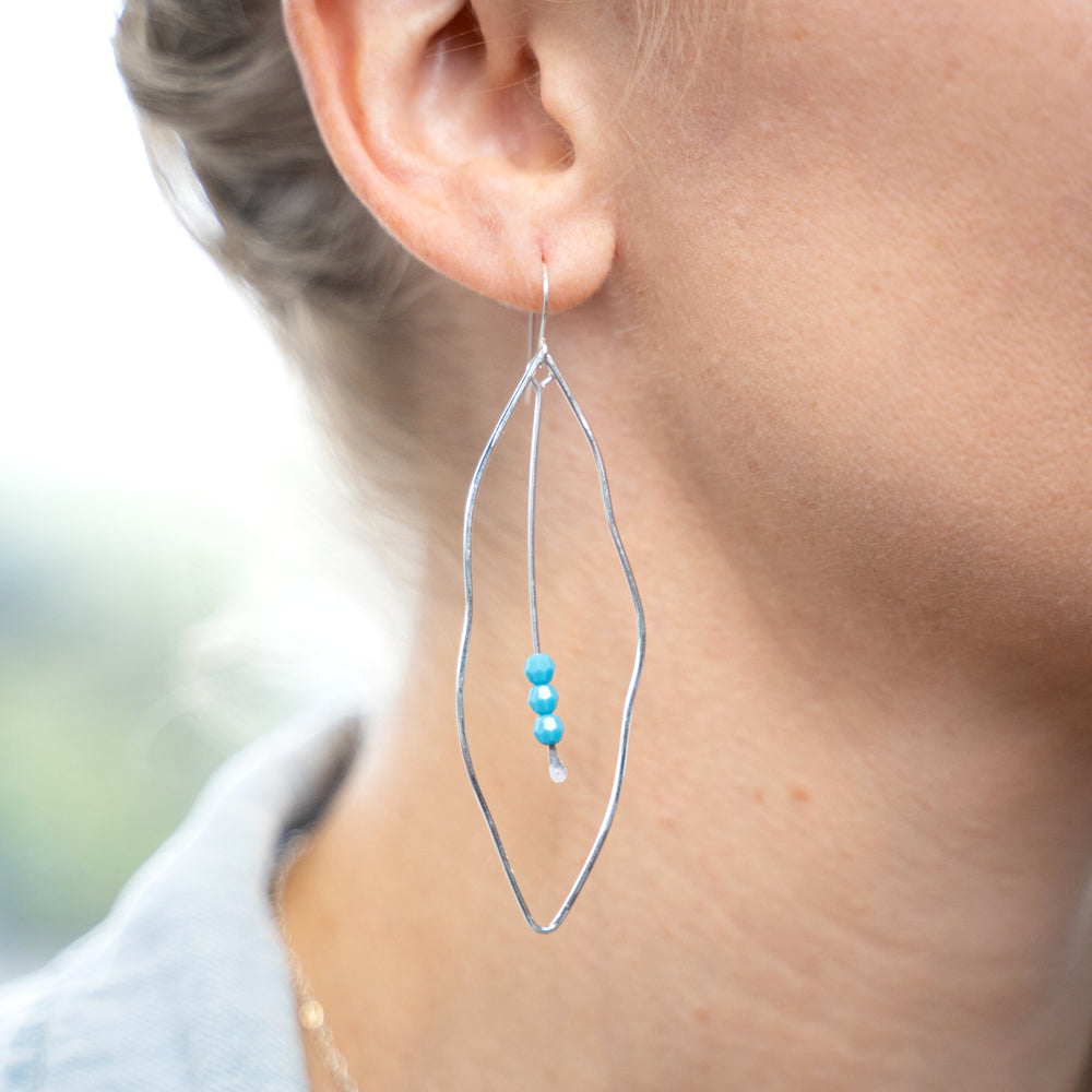 Leaf earrings with turquoise swarovski crystals in sterling silver or 14k gold filled by Blossom and Shine