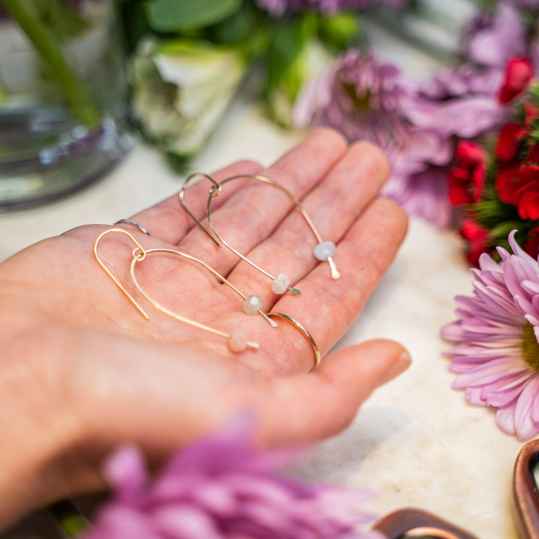 Moonrise arch earrings with morganite beads in sterling silver or 14k gold filled by Blossom and Shine