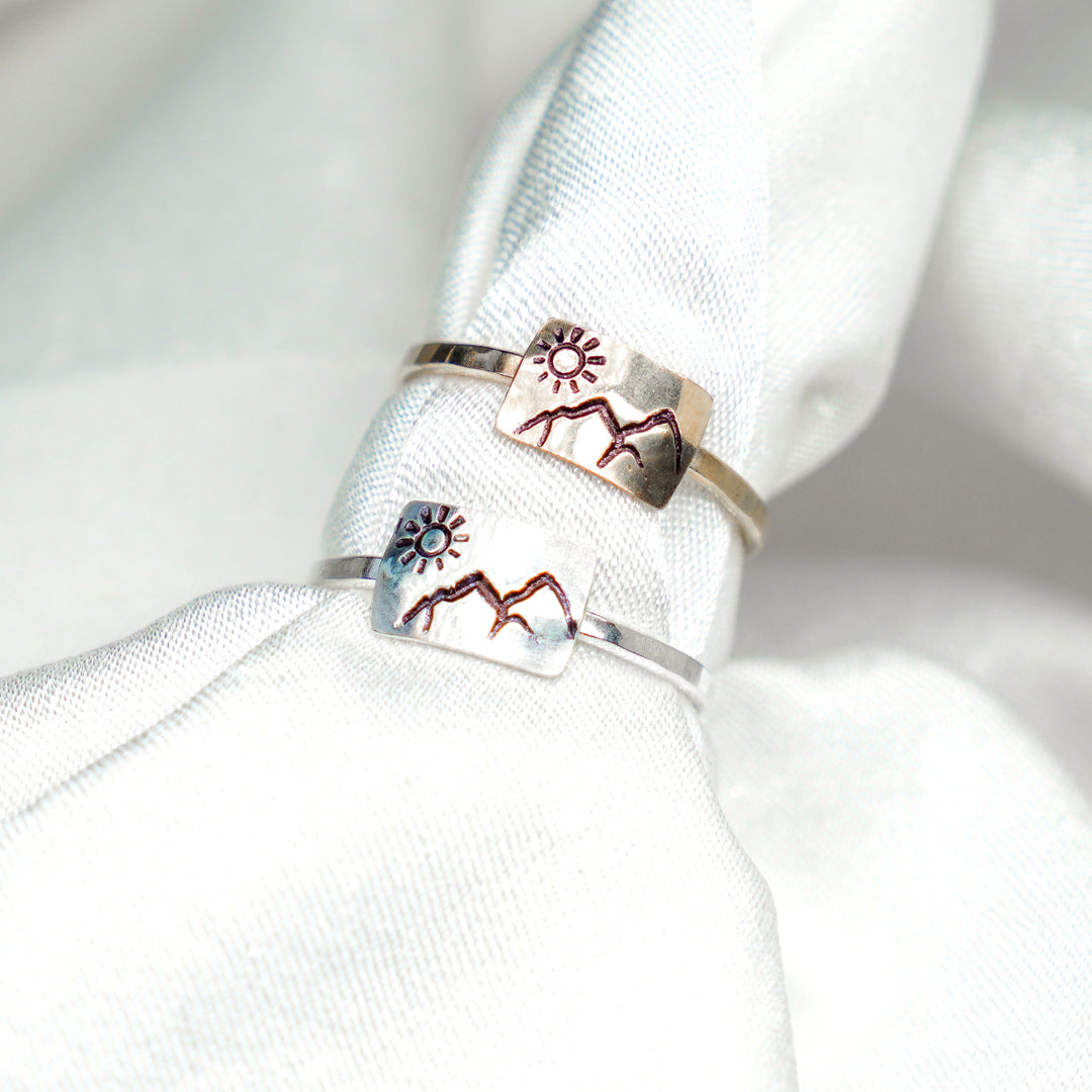 mountain and beach landscape rings in sterling silver or 14k gold filled