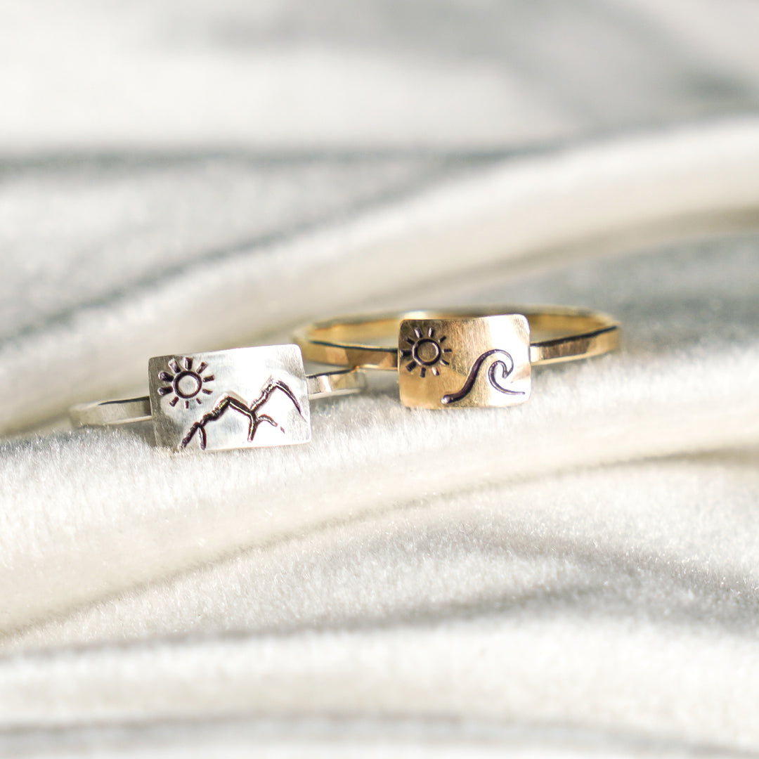 mountain and beach landscape rings in sterling silver or 14k gold filled