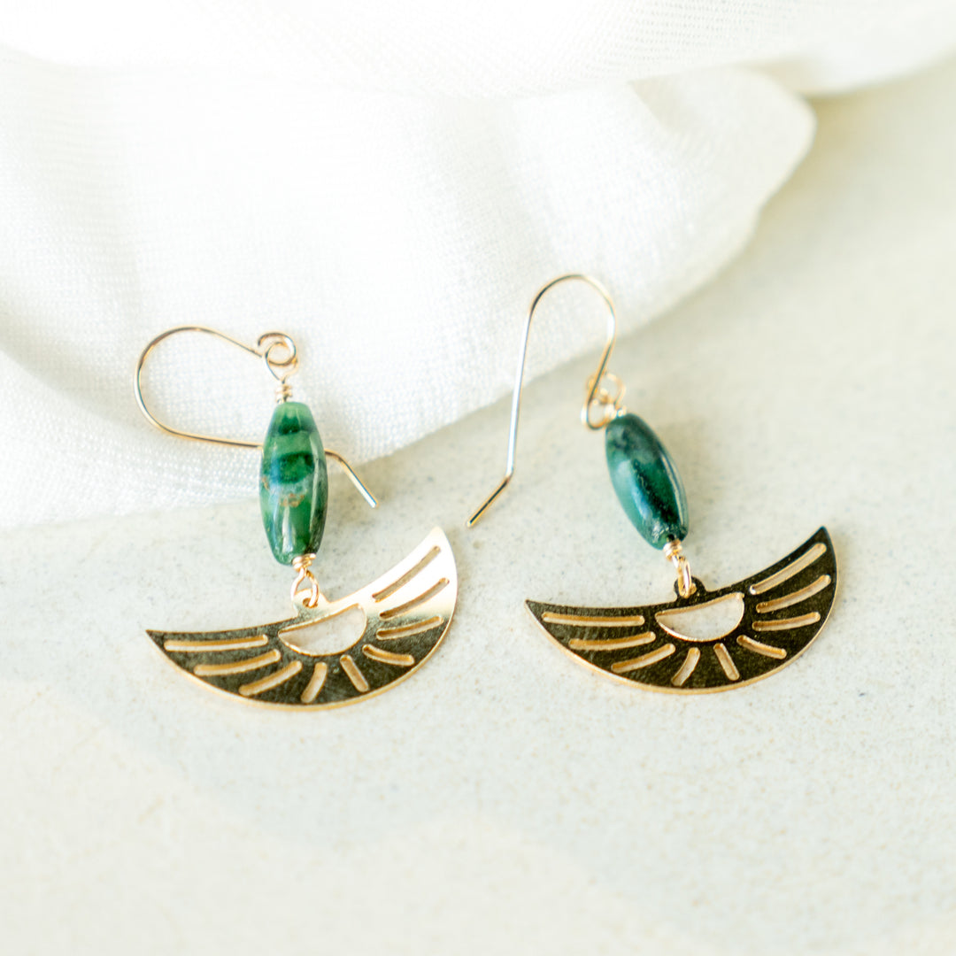 Oasis crescent sunrise earrings with jade gemstones in sterling silver or 14k gold filled