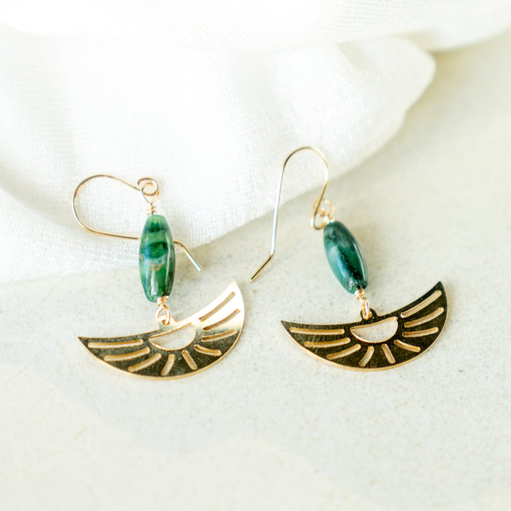 Oasis crescent sunrise earrings with jade gemstones in sterling silver or 14k gold filled