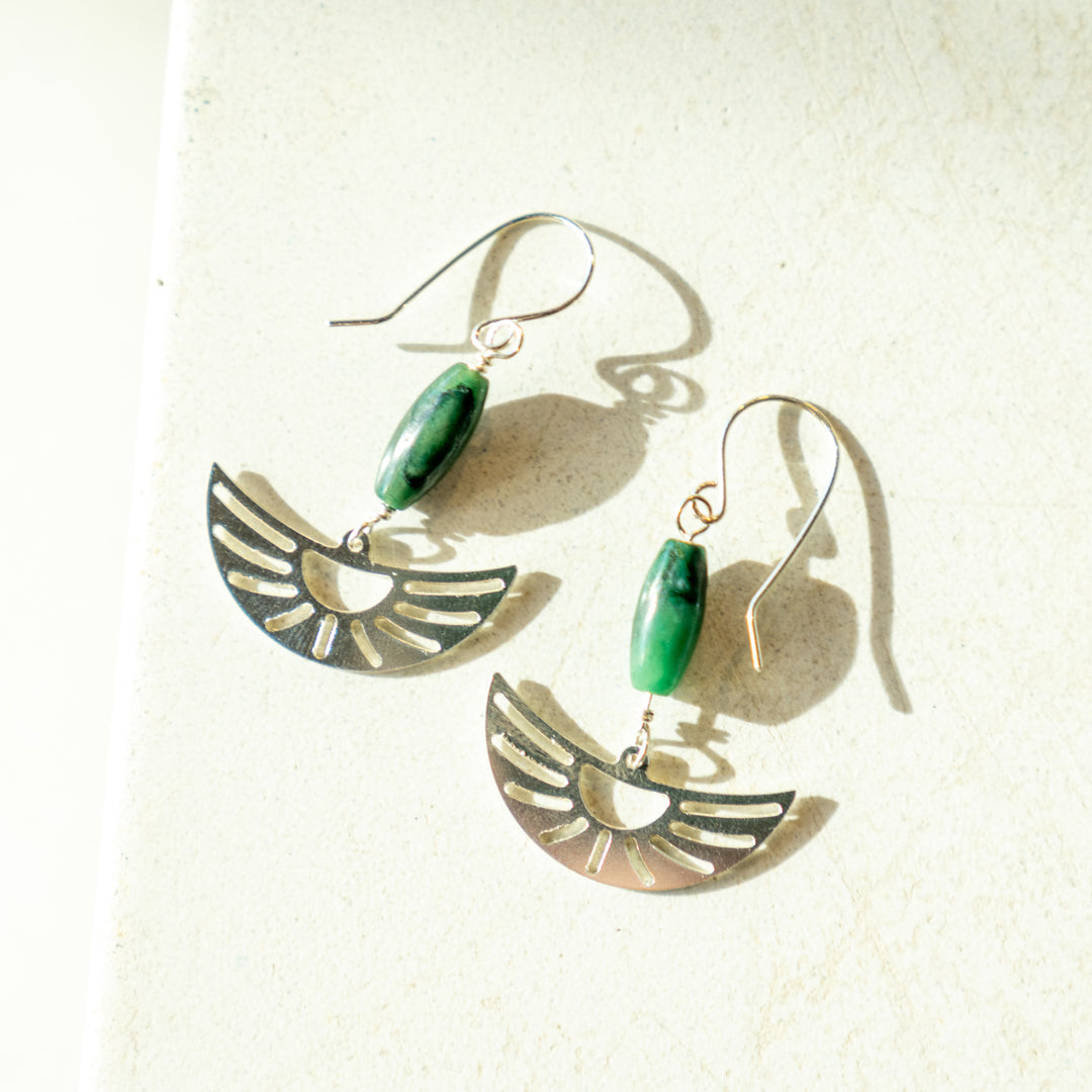 Oasis crescent sunrise earrings with jade gemstones in sterling silver or 14k gold filled