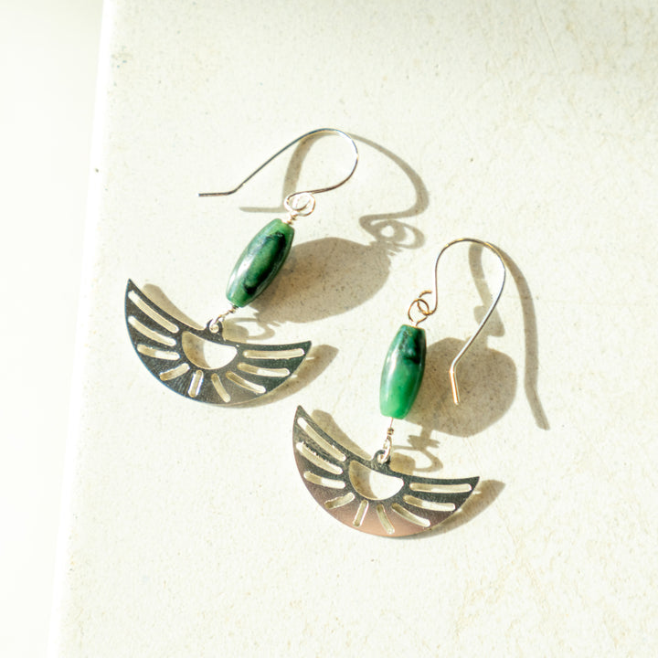 Oasis crescent sunrise earrings with jade gemstones in sterling silver or 14k gold filled