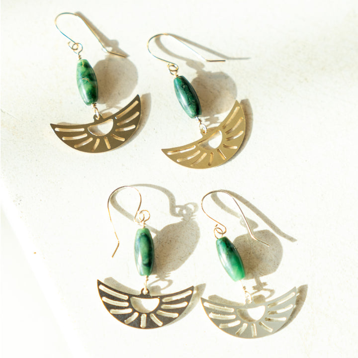 Oasis crescent sunrise earrings with jade gemstones in sterling silver or 14k gold filled