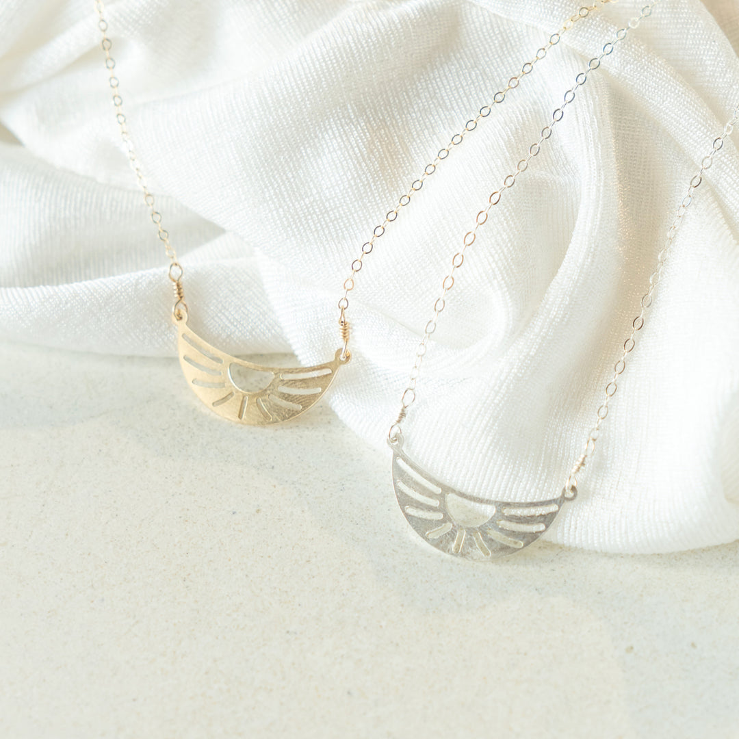 Oasis crescent sunrise necklace in sterling silver or 14k gold filled