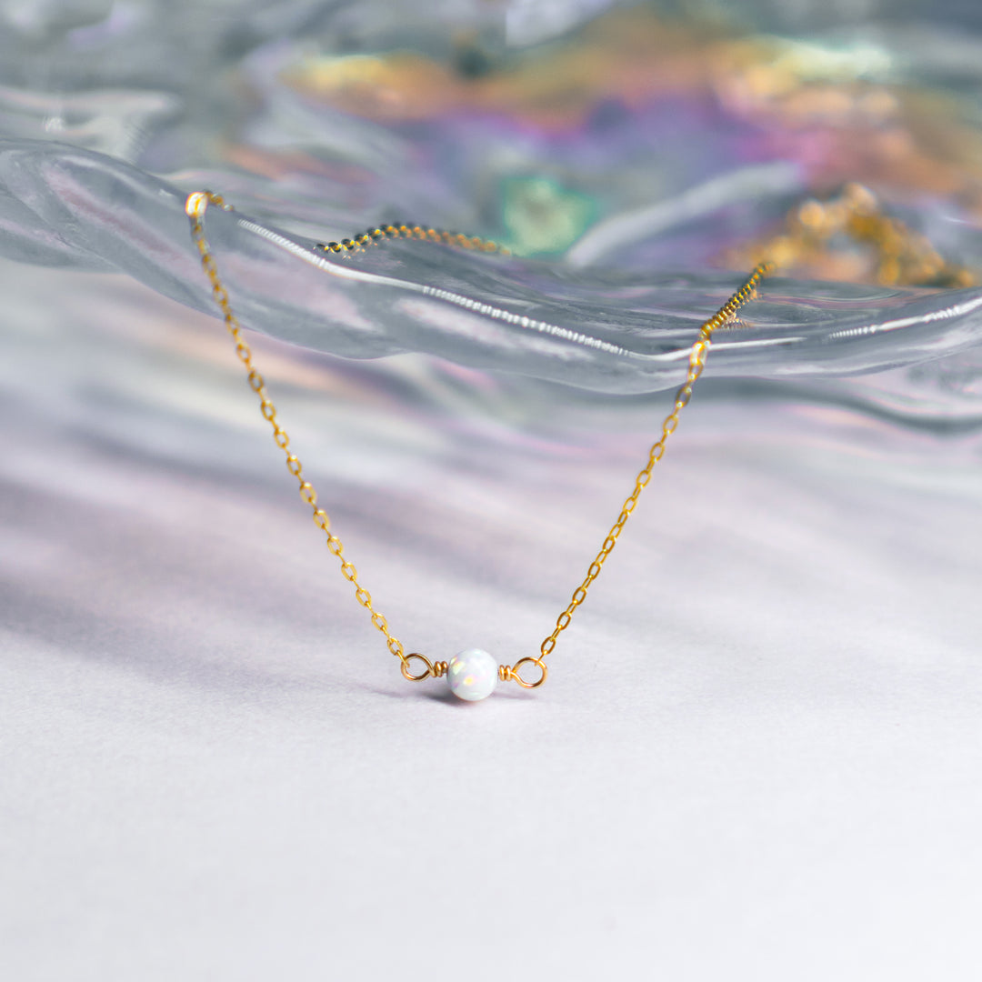 Opal bead dainty adjustable choker necklace in sterling silver or 14k gold filled by Blossom and Shine